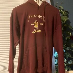 Thrasher Burgundy Hoodie with Yellow Skateboard Graphic